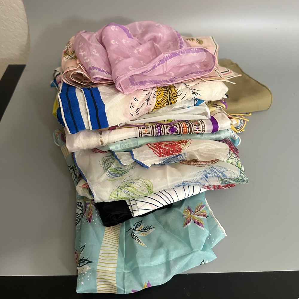 Lot of 15 Vintage Scarves Hand Rolled Silk and Polyester Mixed Patterns Multi